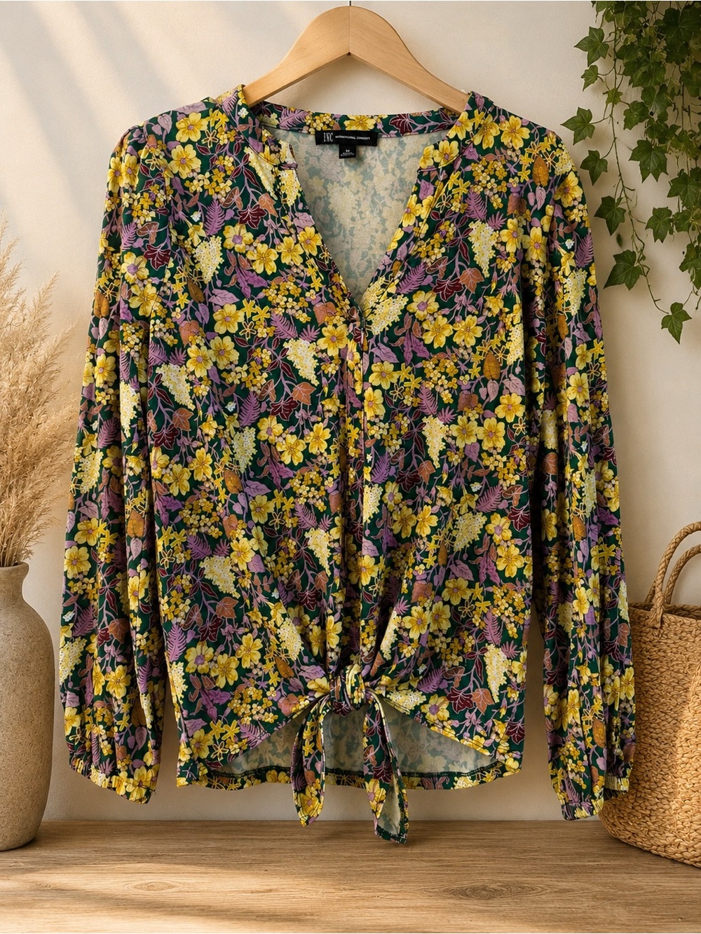 INC International Concepts M Floral Tie Front Boho Blouse Purple Yellow Green